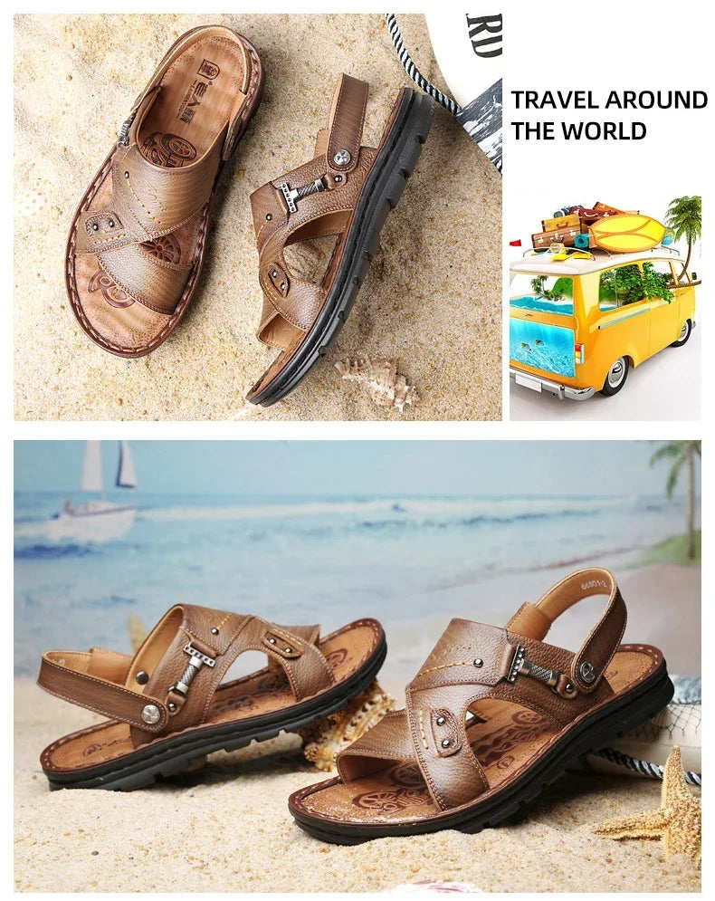 LAORENTOU leather male sandals casual beach shoes wear non-slip sandals and sliers cowhide