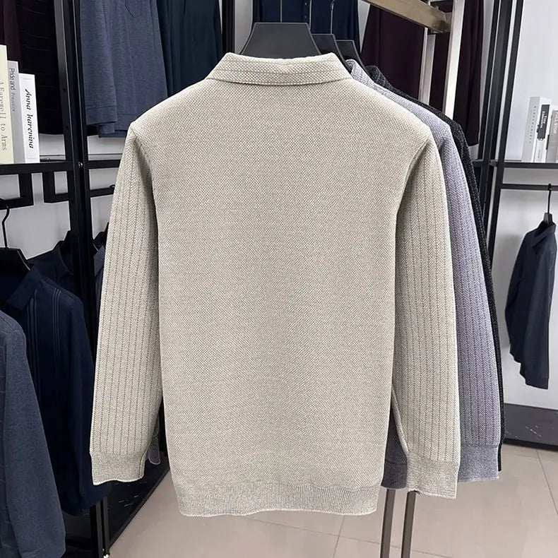Mens Sweater Polo Collar Label Patchwork Stripes Plush Wool Liner Knitted Thickened Sweater Brand Luxury Print Thermo Menswear