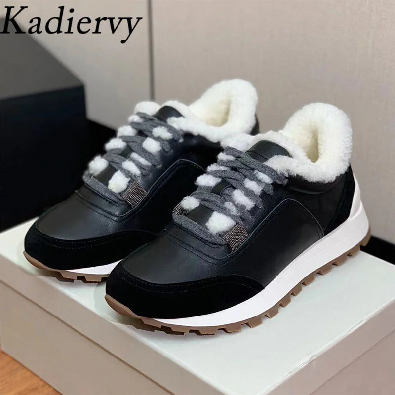 Casual New Sneakers Woman Round Toe Lace Up Outdoors Shoes Cow Suede Patchwork String Bead Comfort Flat Women's Sports Shoes