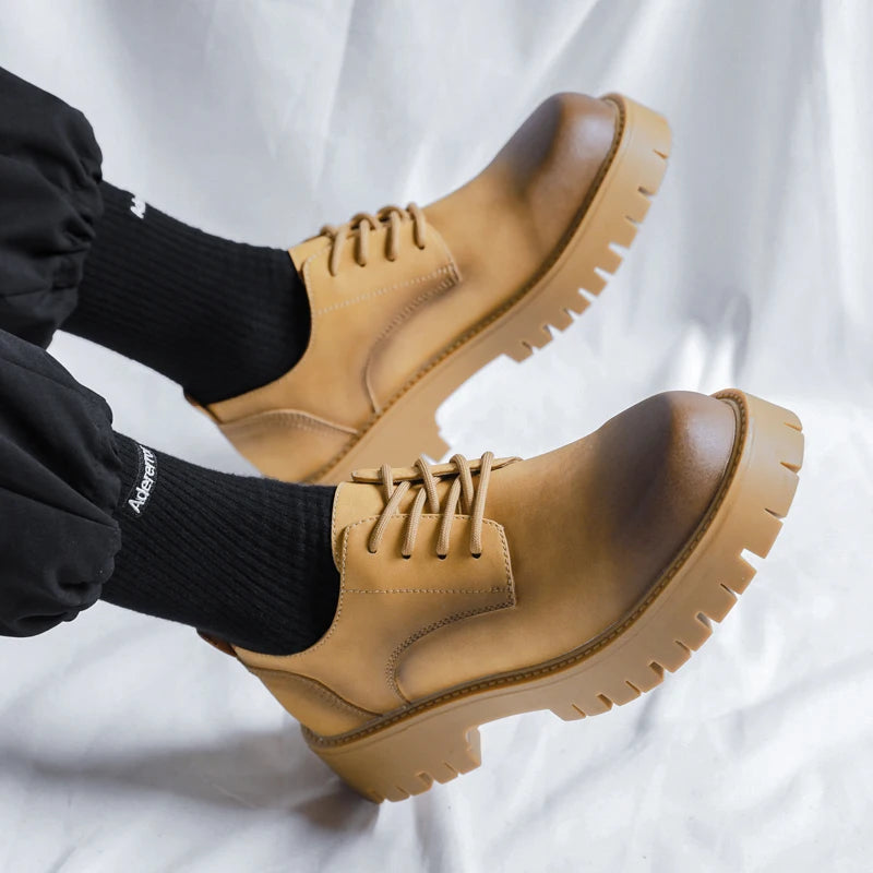Men Korea Leather Platform Oxfords Slip On Thick Tottom For Male Derby Shoes Casual Loafers Mens Square Toe Formal Dress Shoes