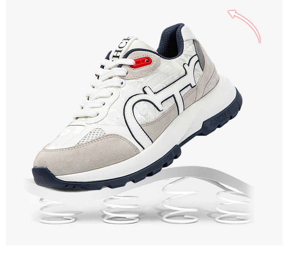 CHCH Women's Tennis Shoes 2024 Spring New Bull Leather+Fabric Spliced Casual Sports Shoes