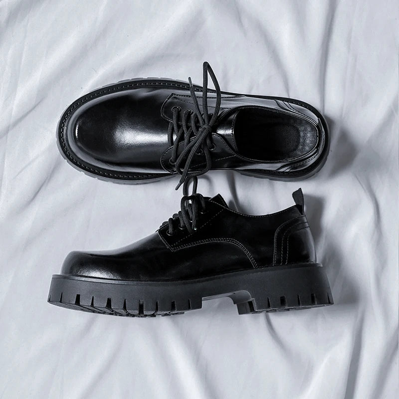 Men Korea Leather Platform Oxfords Slip On Thick Tottom For Male Derby Shoes Casual Loafers Mens Square Toe Formal Dress Shoes