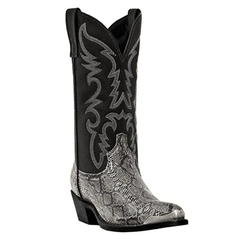 Snake Pattern Cowboy Boots Men Handmade Mid-calf Mens Boots Retro Pointed-top Western Boots Plus Size 38-48 Unisex Shoes Botas
