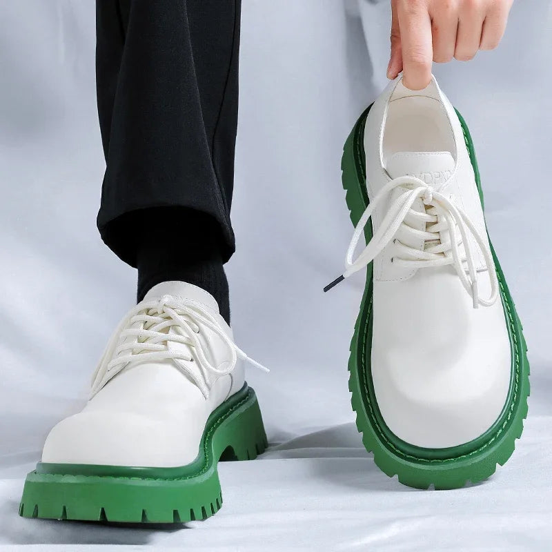 Brand Men's Lace Up Oxford Shoes Thick Sole Business Wedding Shoes Round Toe Green Sole Platform British Outdoor Casual Shoes