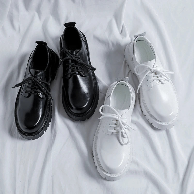 Men Korea Leather Platform Oxfords Slip On Thick Tottom For Male Derby Shoes Casual Loafers Mens Square Toe Formal Dress Shoes