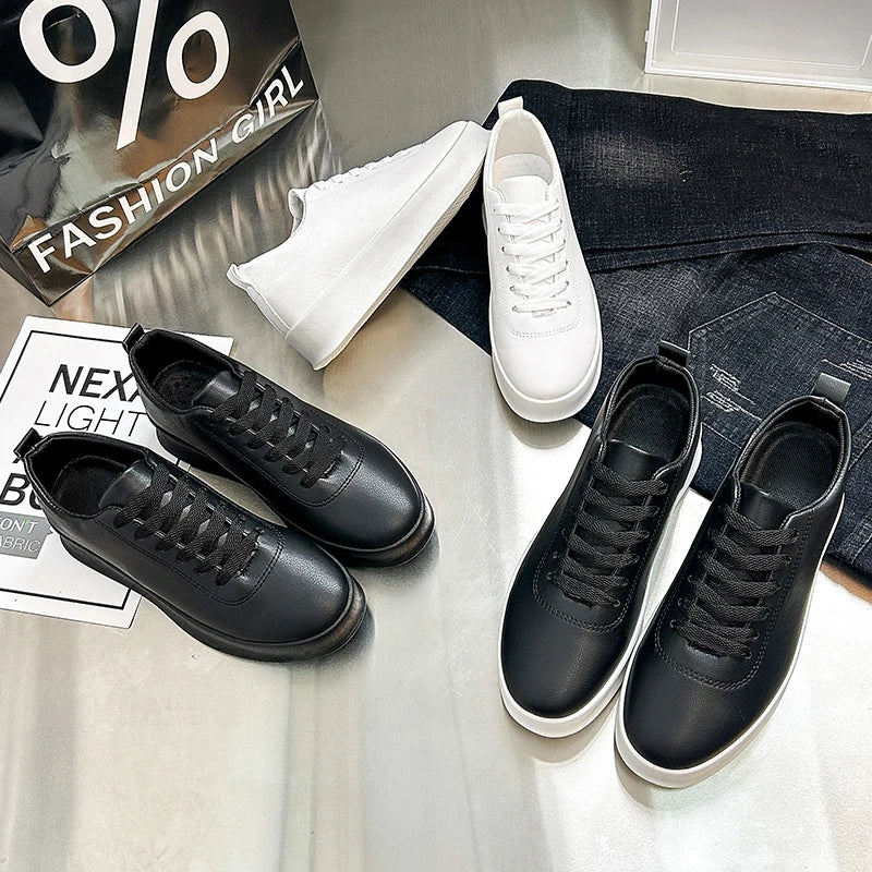 Fashion Thick Sole Black White Soft Men Leather Shoes Platform Men Casual Board Shoes Walking Sport Shoes Lightweight Work Shoes