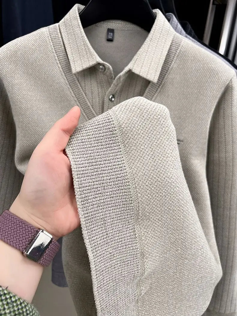 Mens Sweater Polo Collar Label Patchwork Stripes Plush Wool Liner Knitted Thickened Sweater Brand Luxury Print Thermo Menswear