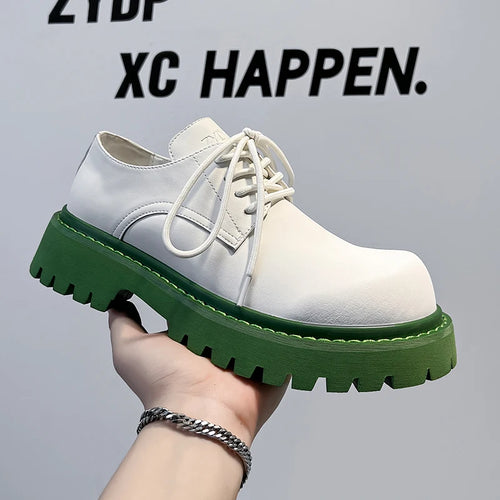 Brand Men's Lace Up Oxford Shoes Thick Sole Business Wedding Shoes Round Toe Green Sole Platform British Outdoor Casual Shoes