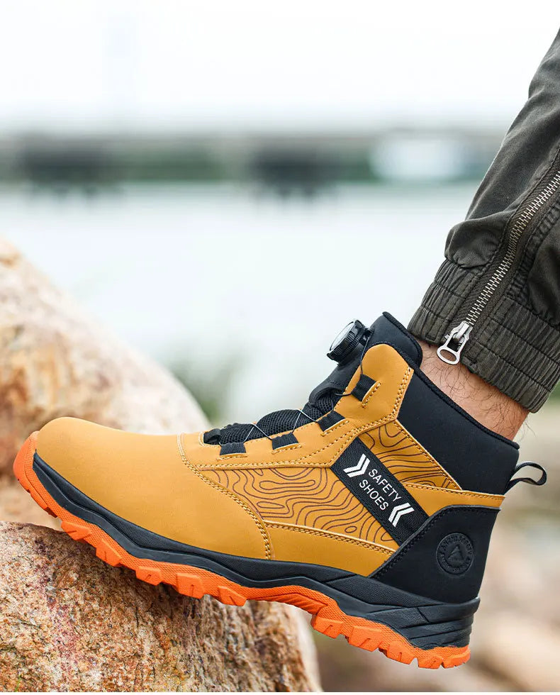 waterproof work shoes high man rotating button safety shoes anti-slip rubber outsole work boots sneakers with steel toe cap