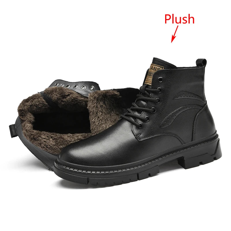 Men's Black Leather Boots Side Zipper Lace-Up Ankle Boots Non-Slip Platform Combat Boots for Casual Work Outdoor Big Size 49 50