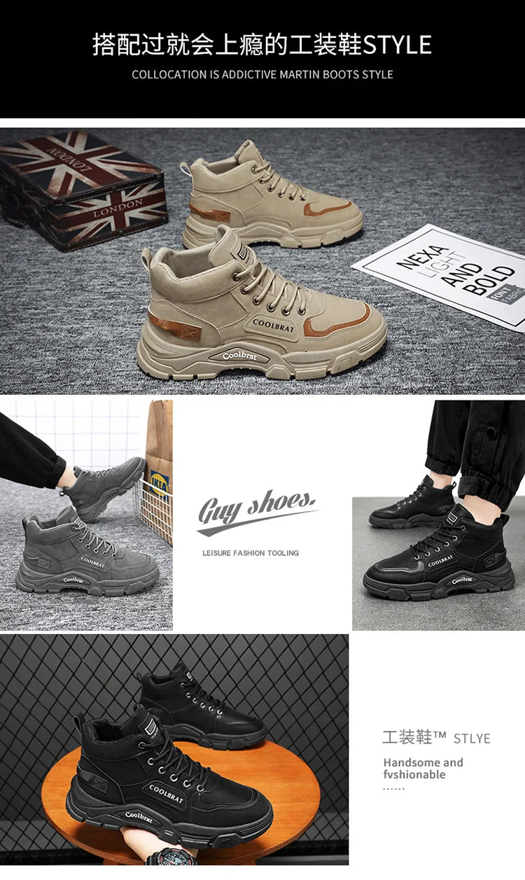 2026 new Men's High Top Boots Trendy Black Motorcycle Boots Outdoor Warm Platform Boots Men Lace-up Leather Boot Bota Masculina