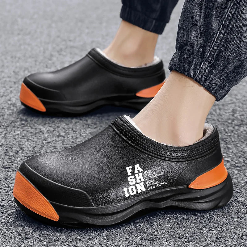 STRONGSHEN Men Plush Warm Chef Shoes Outdoor Garden Clogs Proffesional Waterproof Oilproof Non-Slip Kitchen Shoes For Pet Work