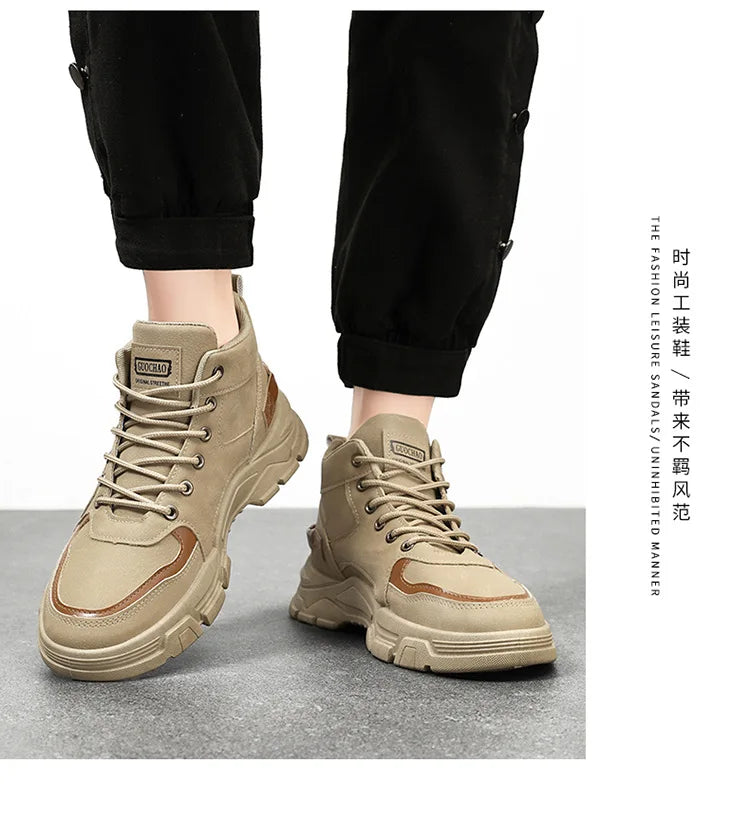 2026 new Men's High Top Boots Trendy Black Motorcycle Boots Outdoor Warm Platform Boots Men Lace-up Leather Boot Bota Masculina