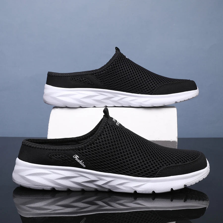 New Mens Half Slippers Summer Breathable Mesh Shoes Men Outdoor Casual Slip on Sandals Comfortable Lightweight Mesh Slippers Man