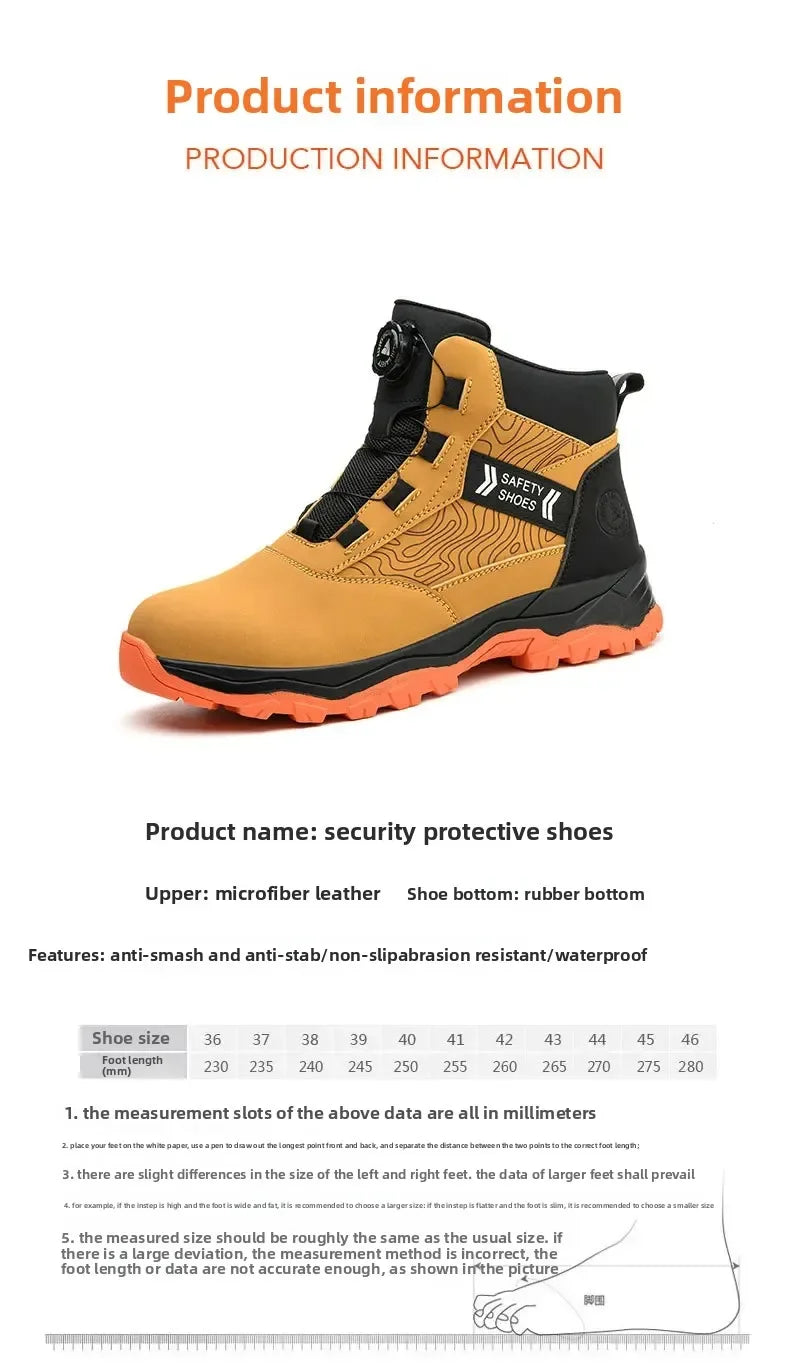 Waterproof Steel Toe Work Shoes Anti Crush Slip Resistant with Rotating Buckle No Tie Cross-Border Labor Protection Shoes