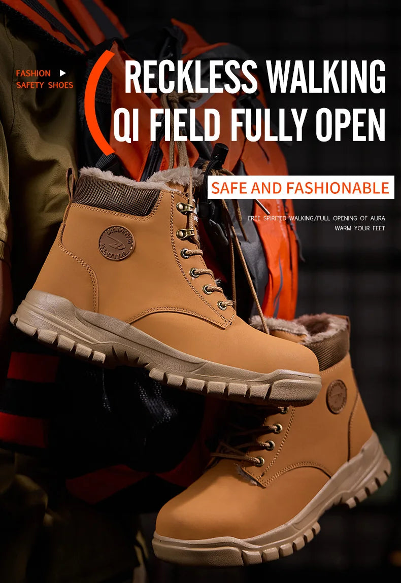 New 2024 Fashion Winter Velvet Work Safety Boots For Men Nail Proof Indestructible Waterproof Steel Toe Cap Male Sneakers