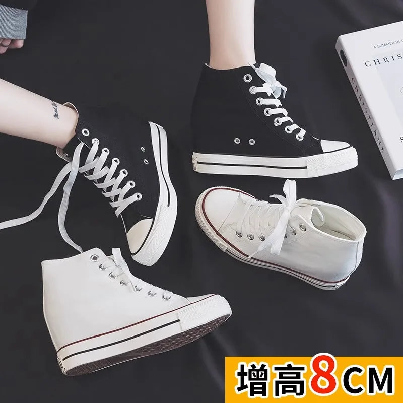 8cm High Heels Shoes Casual Canvas Shoes Platform Wedges High Top Ladies Hidden Wedge Heels Elevator Shoes