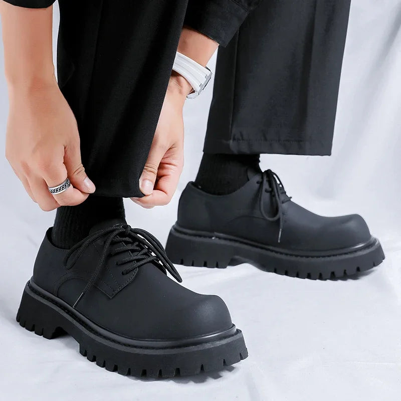 Brand Men's Lace Up Oxford Shoes Thick Sole Business Wedding Shoes Round Toe Green Sole Platform British Outdoor Casual Shoes