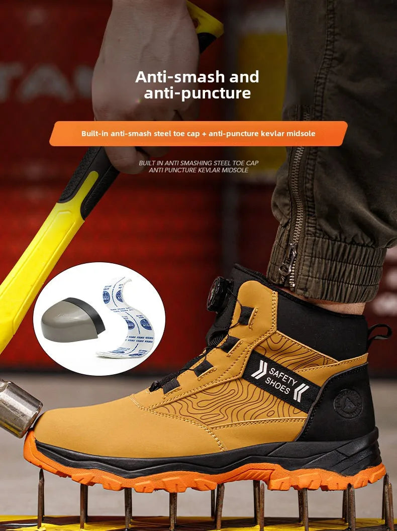 waterproof work shoes high man rotating button safety shoes anti-slip rubber outsole work boots sneakers with steel toe cap