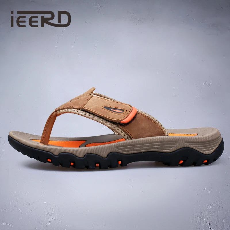 Cow Leather Outdoor Men Slippers Non-slip Wear-resistant Men's Flip Flops Summer Casual Shoes For Men Beach Sandals Plus Size