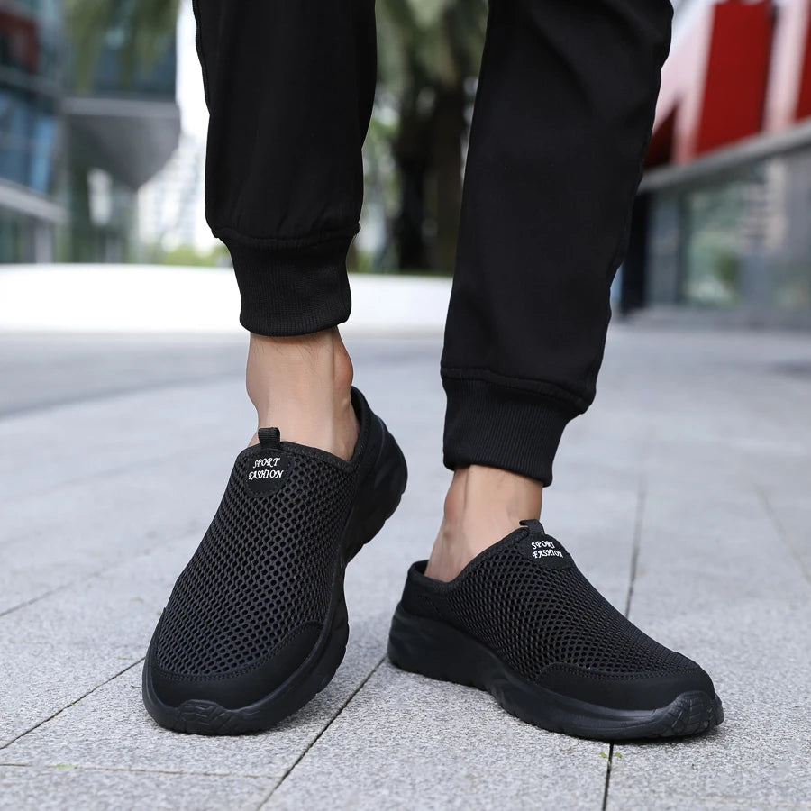New Mens Half Slippers Summer Breathable Mesh Shoes Men Outdoor Casual Slip on Sandals Comfortable Lightweight Mesh Slippers Man
