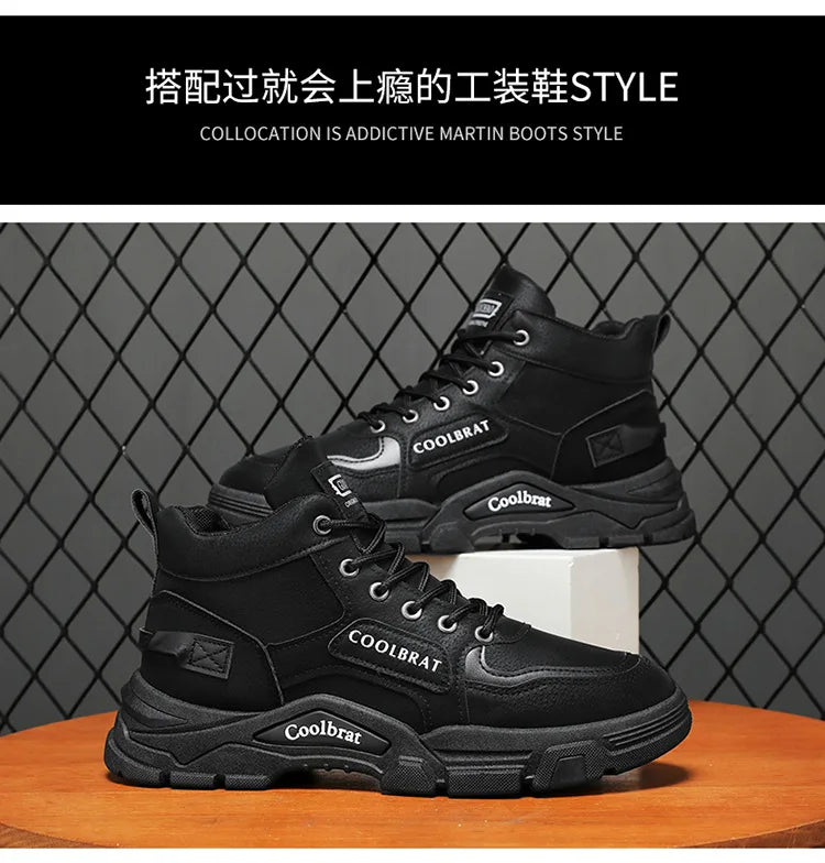 2026 new Men's High Top Boots Trendy Black Motorcycle Boots Outdoor Warm Platform Boots Men Lace-up Leather Boot Bota Masculina