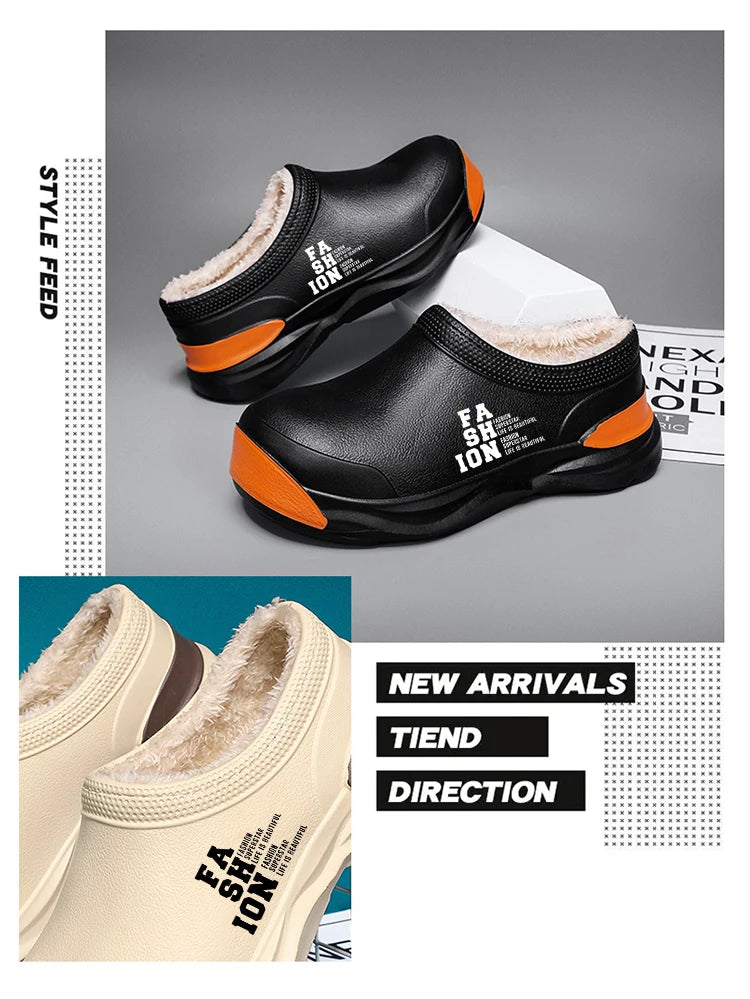 STRONGSHEN Men Plush Warm Chef Shoes Outdoor Garden Clogs Proffesional Waterproof Oilproof Non-Slip Kitchen Shoes For Pet Work