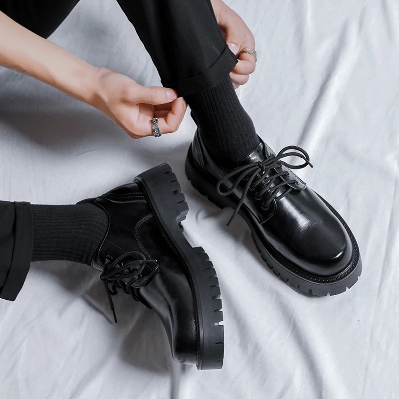 Men Korea Leather Platform Oxfords Slip On Thick Tottom For Male Derby Shoes Casual Loafers Mens Square Toe Formal Dress Shoes