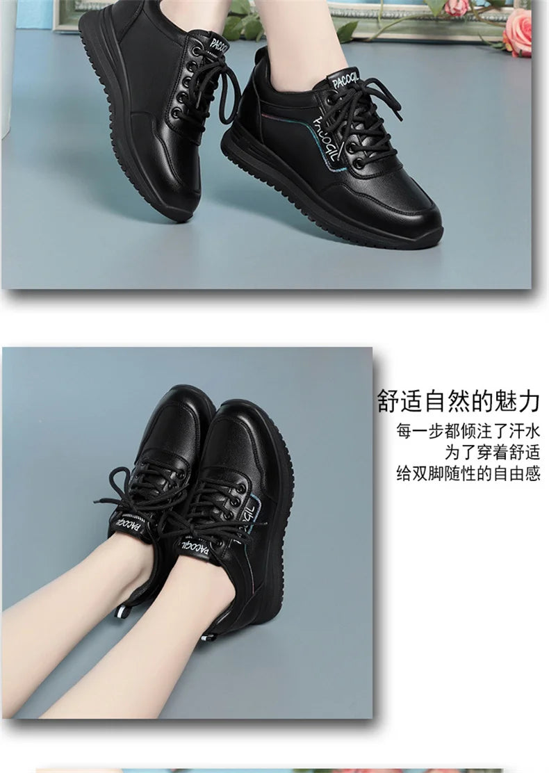 Women Versatile Non-slip Spring Autumn Soft Sole Soft Leather Shoes Fashion Breathable Lace-Up Solid Casual Flat Sneakers
