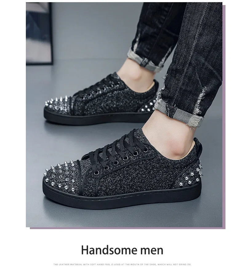 Trend Men Leather Casual Shoes Punk Style Rivet Flat Skate Shoes Young Man Street Black Sneaker
