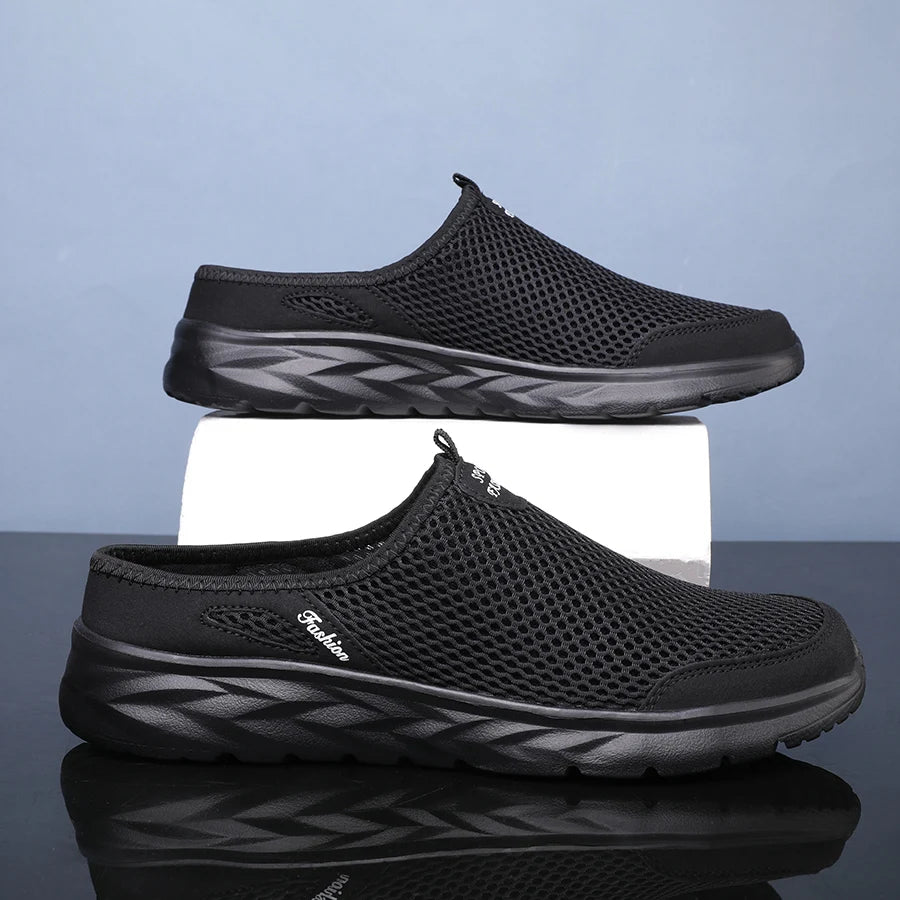New Mens Half Slippers Summer Breathable Mesh Shoes Men Outdoor Casual Slip on Sandals Comfortable Lightweight Mesh Slippers Man