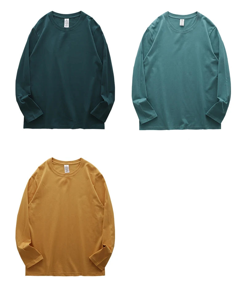 DUKEEN Men's 260G Long Sleeve T Shirts 2025 Spring Pure Cotton Solid Color Basic Crew-Neck Undershirt Men's Loose Tops 11 Color