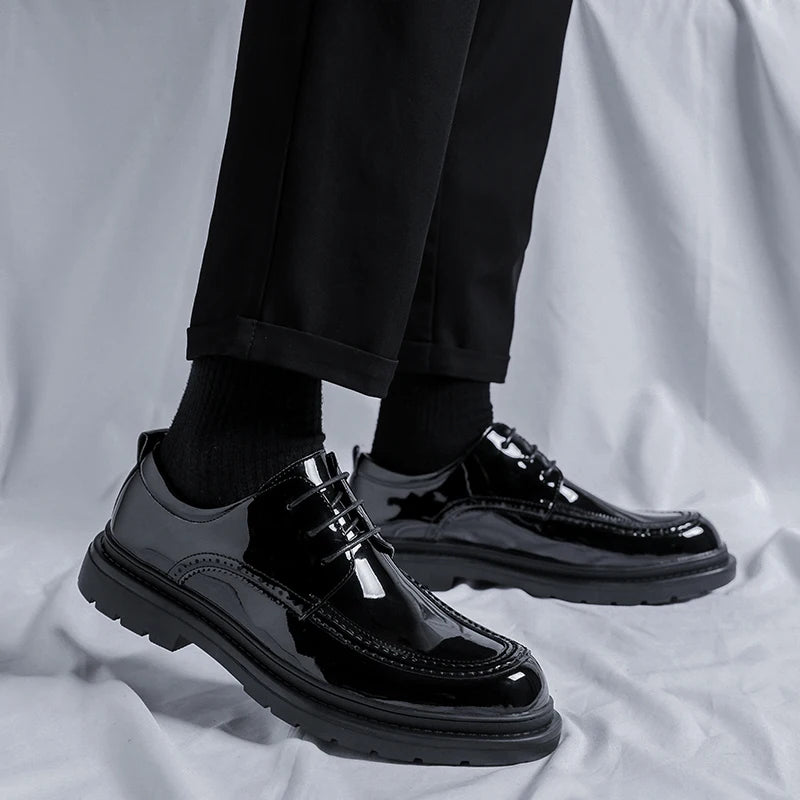 Men Korea Leather Platform Oxfords Slip On Thick Tottom For Male Derby Shoes Casual Loafers Mens Square Toe Formal Dress Shoes