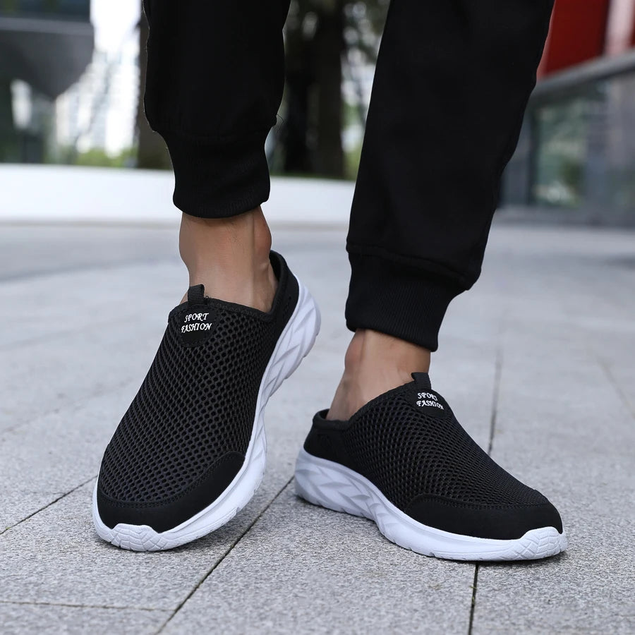New Mens Half Slippers Summer Breathable Mesh Shoes Men Outdoor Casual Slip on Sandals Comfortable Lightweight Mesh Slippers Man