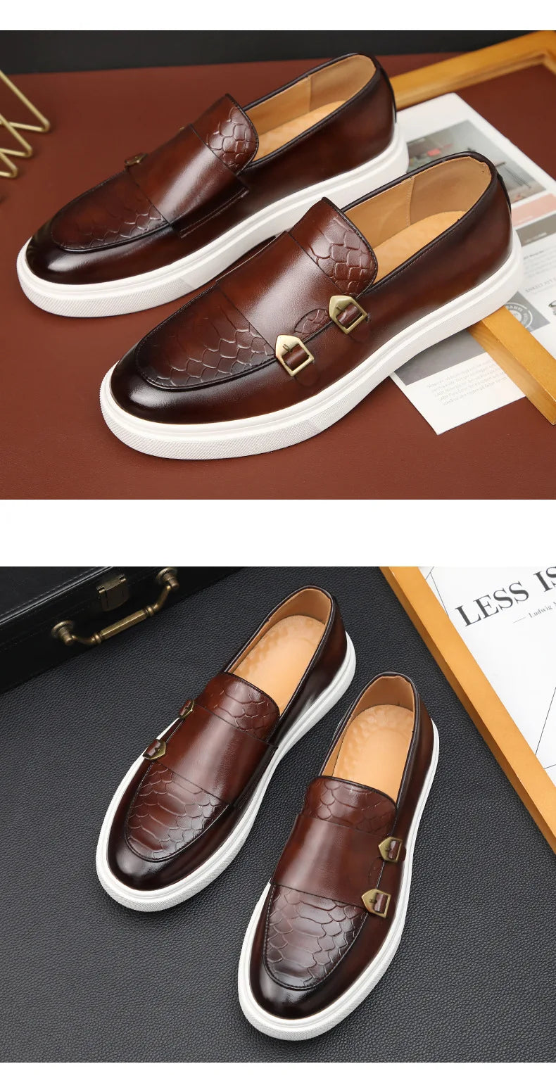 Man Casual Shoes Fashion Snakeskin Grain Leather Men's Retro British Style Loafers Slip-on Outdoor Flats Monk Shoe
