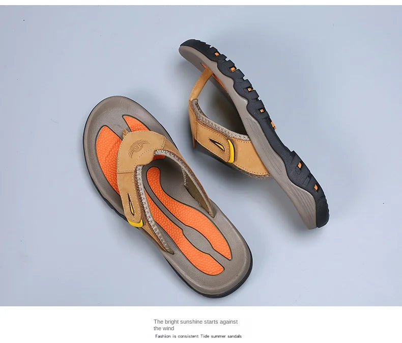 Cow Leather Outdoor Men Slippers Non-slip Wear-resistant Men's Flip Flops Summer Casual Shoes For Men Beach Sandals Plus Size